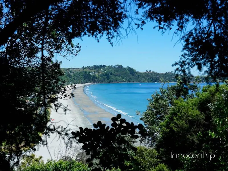 ハイキング中に回った山道から見えるビーチ