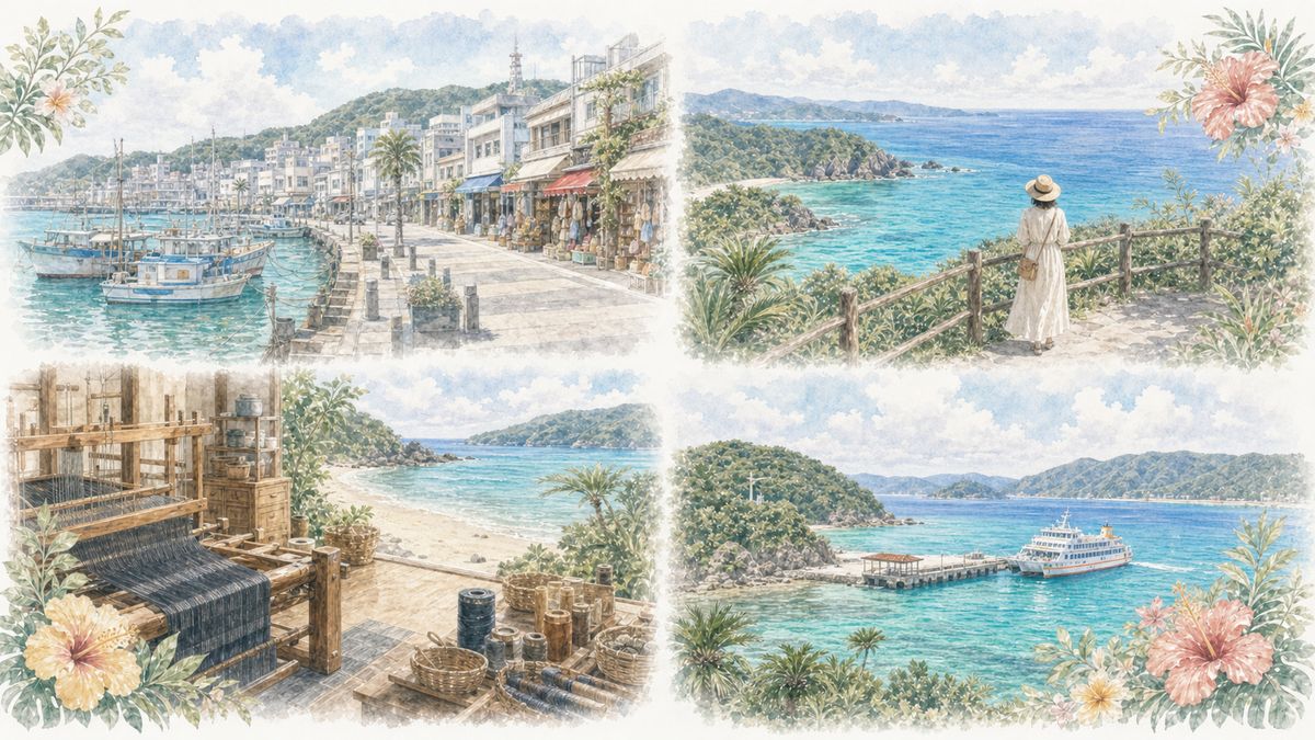 奄美大島の名瀬・笠利・龍郷・南部古仁屋それぞれのエリアの魅力をやわらかく表現したイラスト