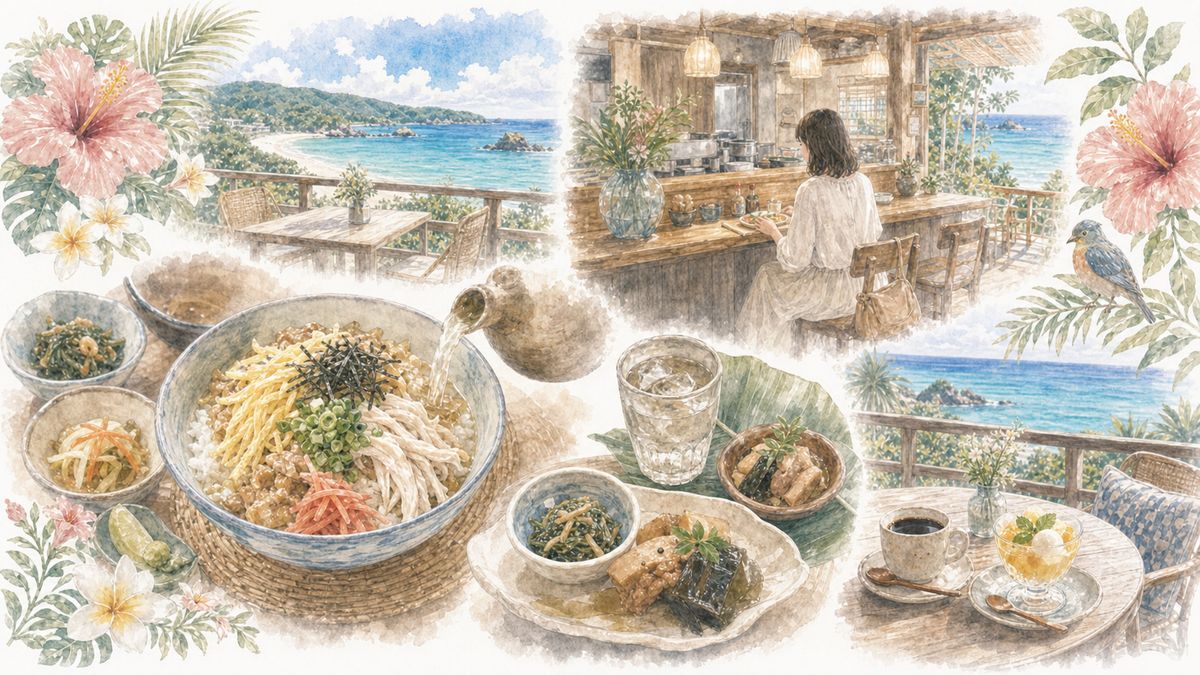奄美大島でひとりでも入りやすい鶏飯や島料理、海カフェ、南国スイーツの魅力をやわらかく表現したイラスト
