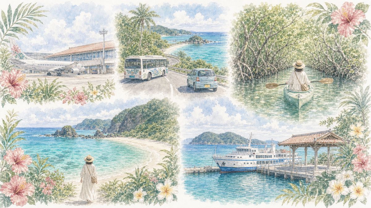 奄美大島のレンタカーなし2泊3日とレンタカーあり3泊4日のひとり旅モデルコースをやわらかく表現したイラスト