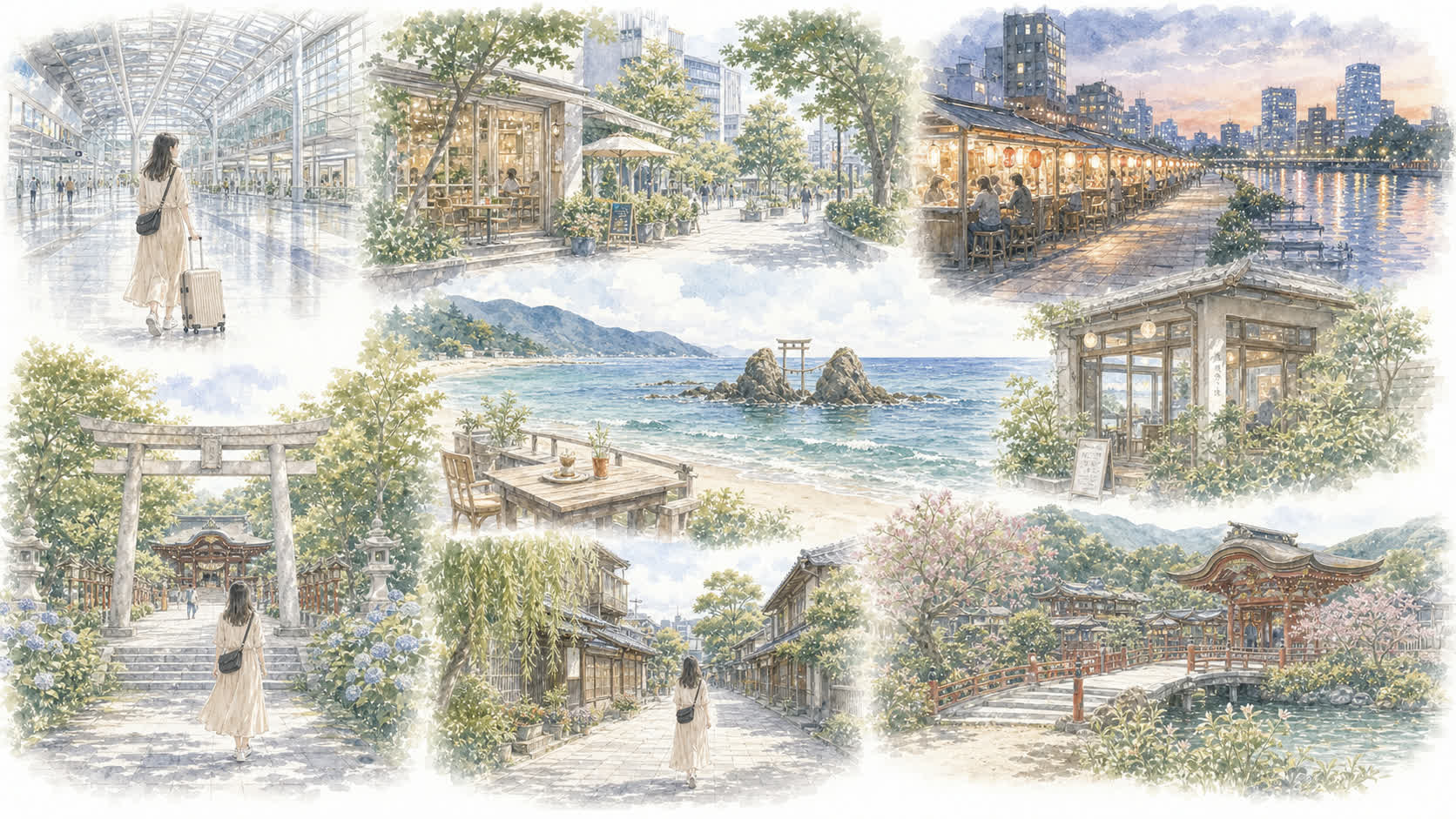 福岡の1泊2日と2泊3日のひとり旅モデルコースをやわらかく表現したイラスト