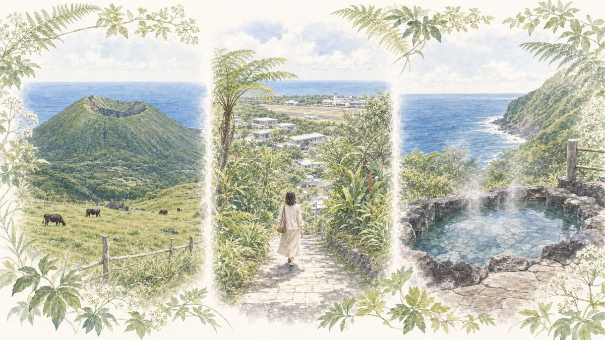 八丈富士と牧場、空港周辺の市街地、海を望む温泉を描いた八丈島のエリア別イラスト