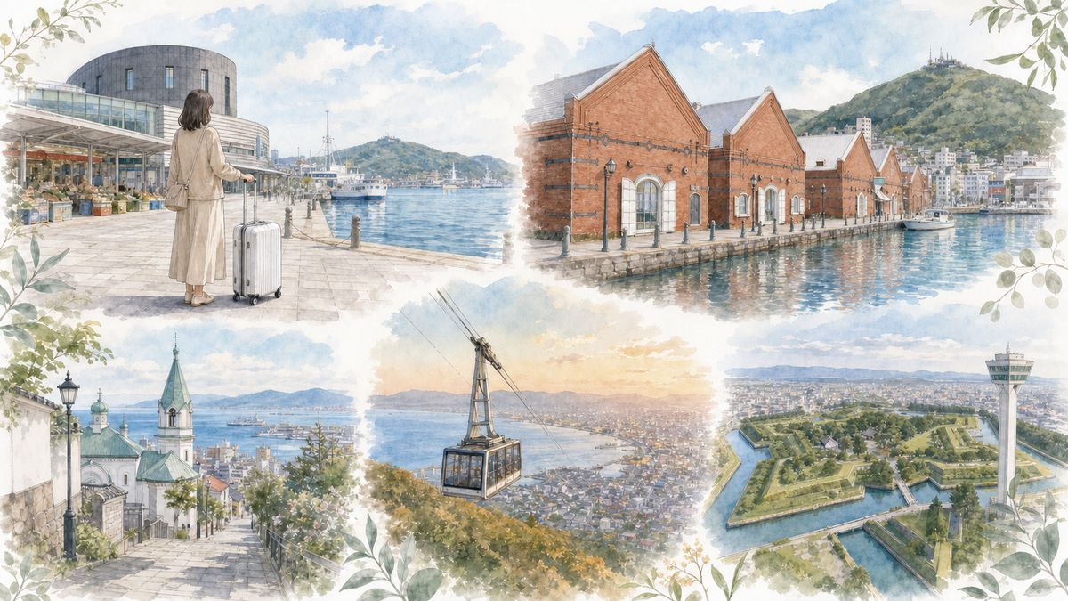 函館駅・朝市、ベイエリアの赤レンガ倉庫、元町の坂と教会、函館山、五稜郭のエリアごとの違いを表現したイラスト