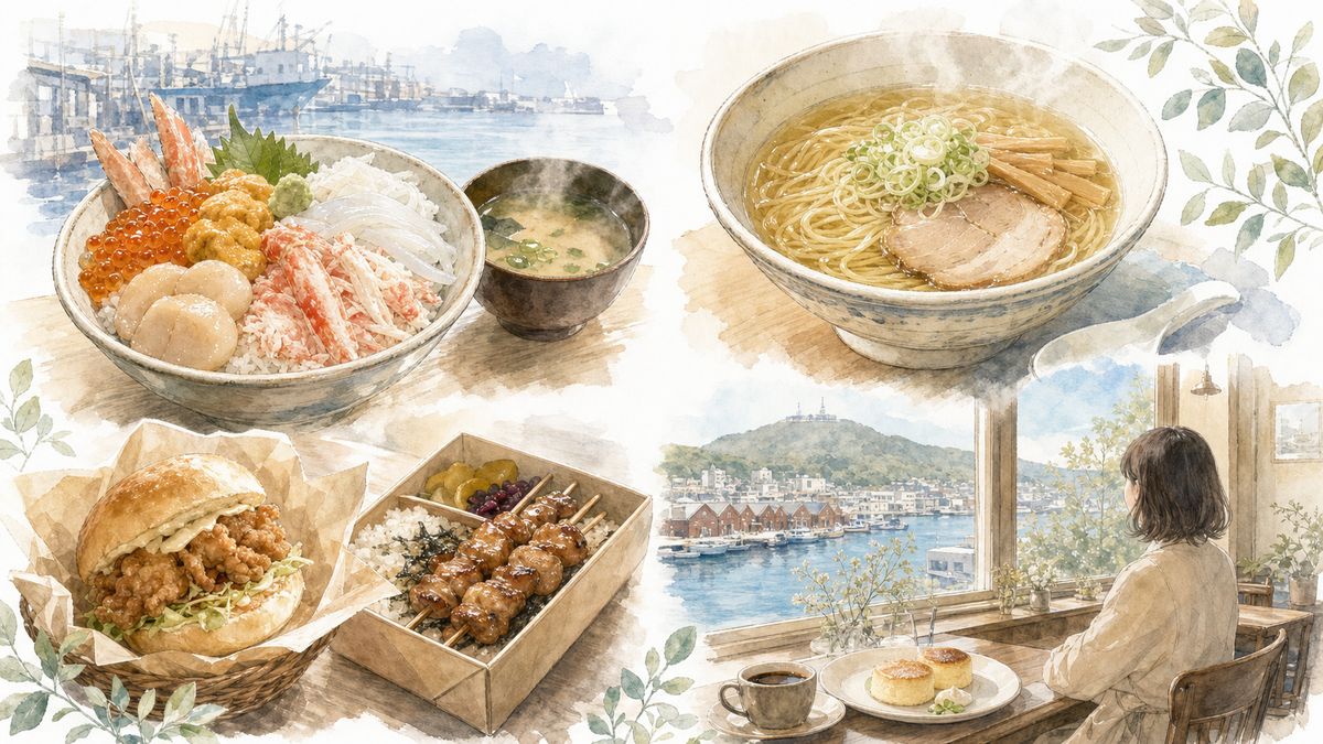 函館の海鮮丼や塩ラーメン、ご当地バーガー、港町のスイーツとカフェ時間をやわらかな水彩調で表現したイラスト