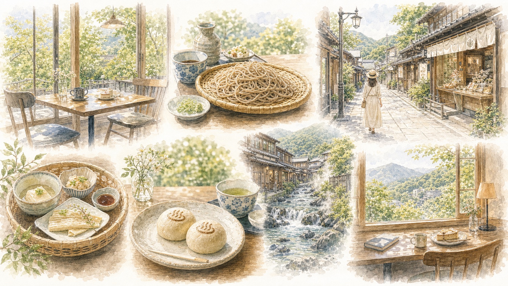 箱根の蕎麦や湯葉、温泉まんじゅう、緑の見えるカフェ時間をやわらかな水彩調で表現したイラスト