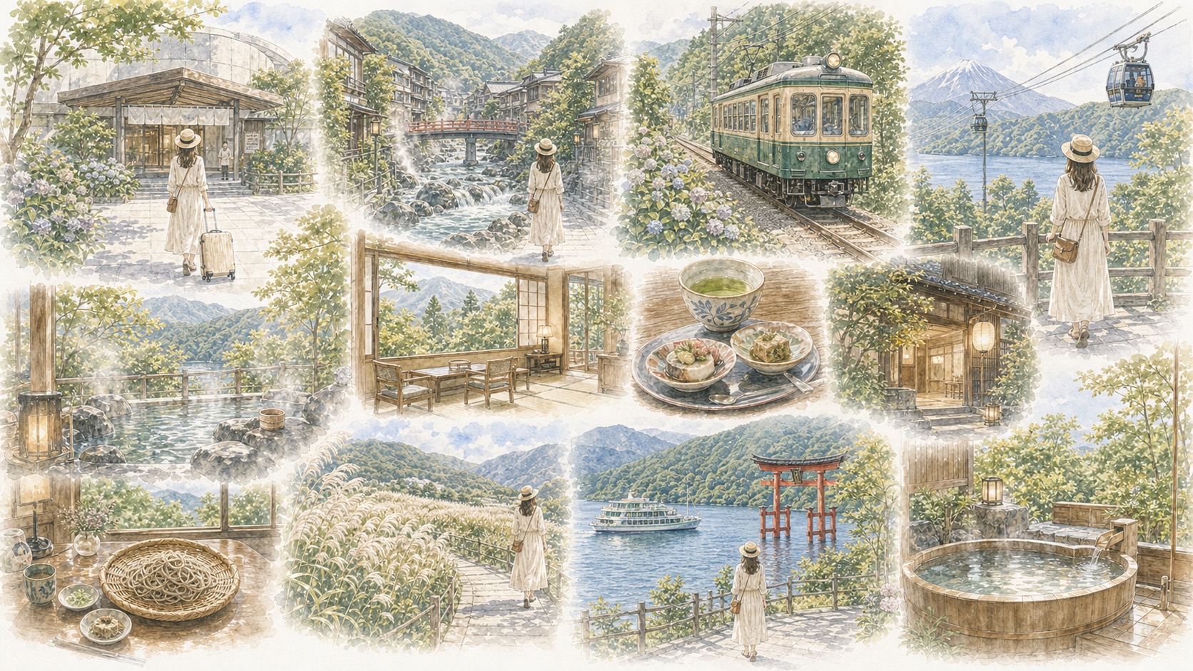 箱根の1泊2日と2泊3日のモデルコースを、登山電車やロープウェイ、芦ノ湖、温泉街の風景で表現したイラスト