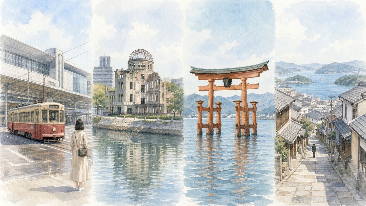 広島駅周辺・平和記念公園・宮島・尾道それぞれの魅力をやわらかく表現したイラスト