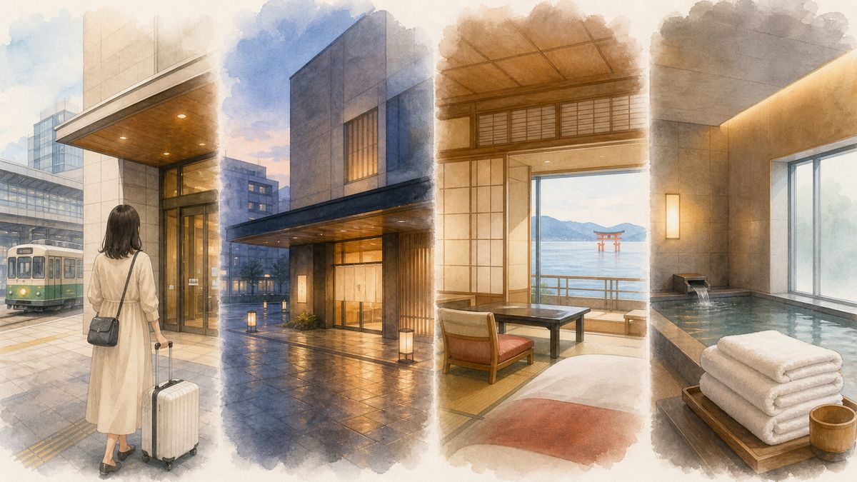 広島でひとり旅向けの広島駅周辺ホテル、紙屋町・八丁堀のシティホテル、宮島の島内宿の魅力をやわらかく表現したイラスト