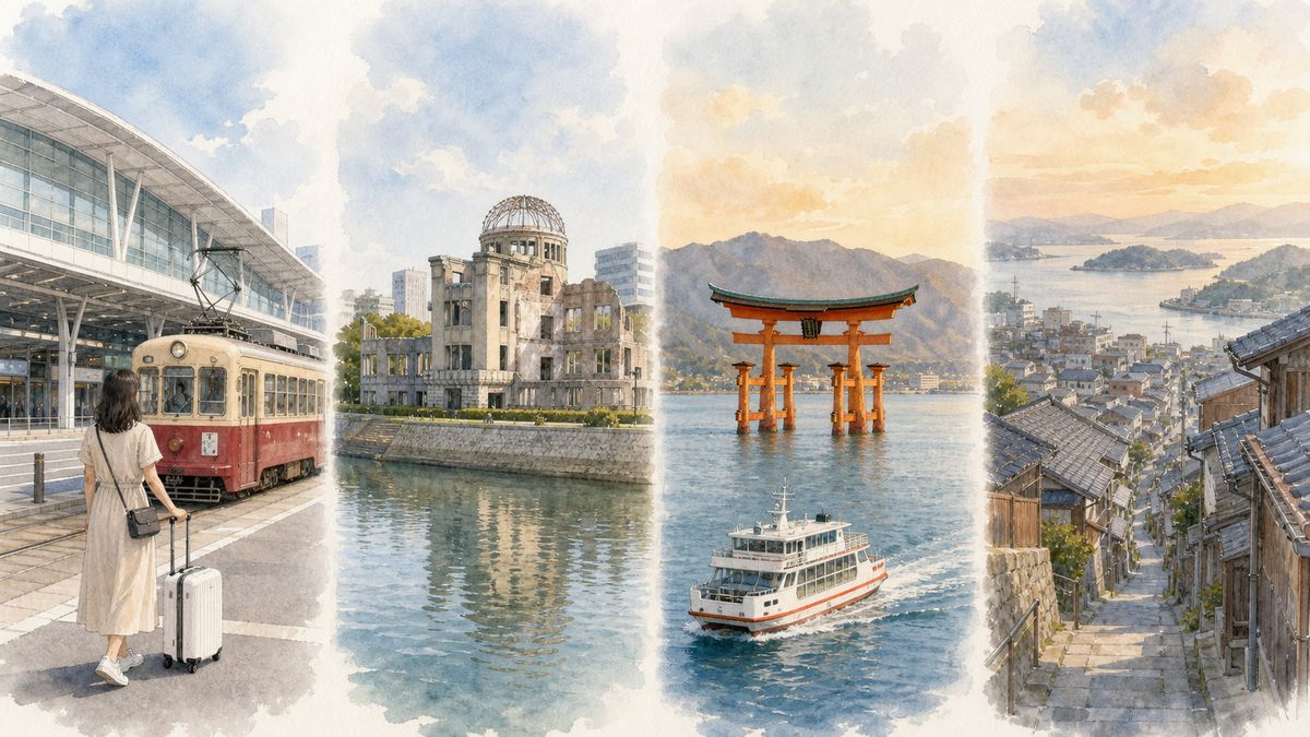 広島市内・宮島・尾道をまわる1泊2日と2泊3日のひとり旅モデルコースをやわらかく表現したイラスト