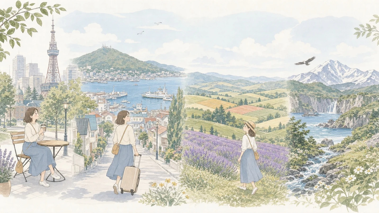 北海道の札幌・函館・富良野・知床それぞれの魅力をやわらかく表現したイラスト