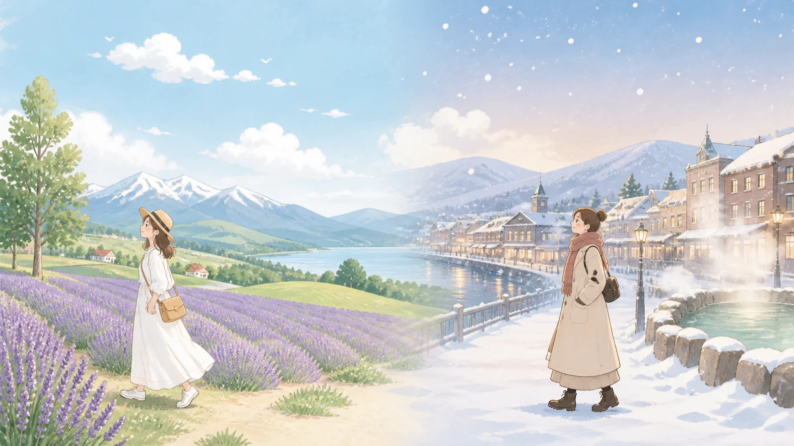 北海道の女ひとり旅で夏と冬のモデルコースをイメージできるやわらかなイラスト