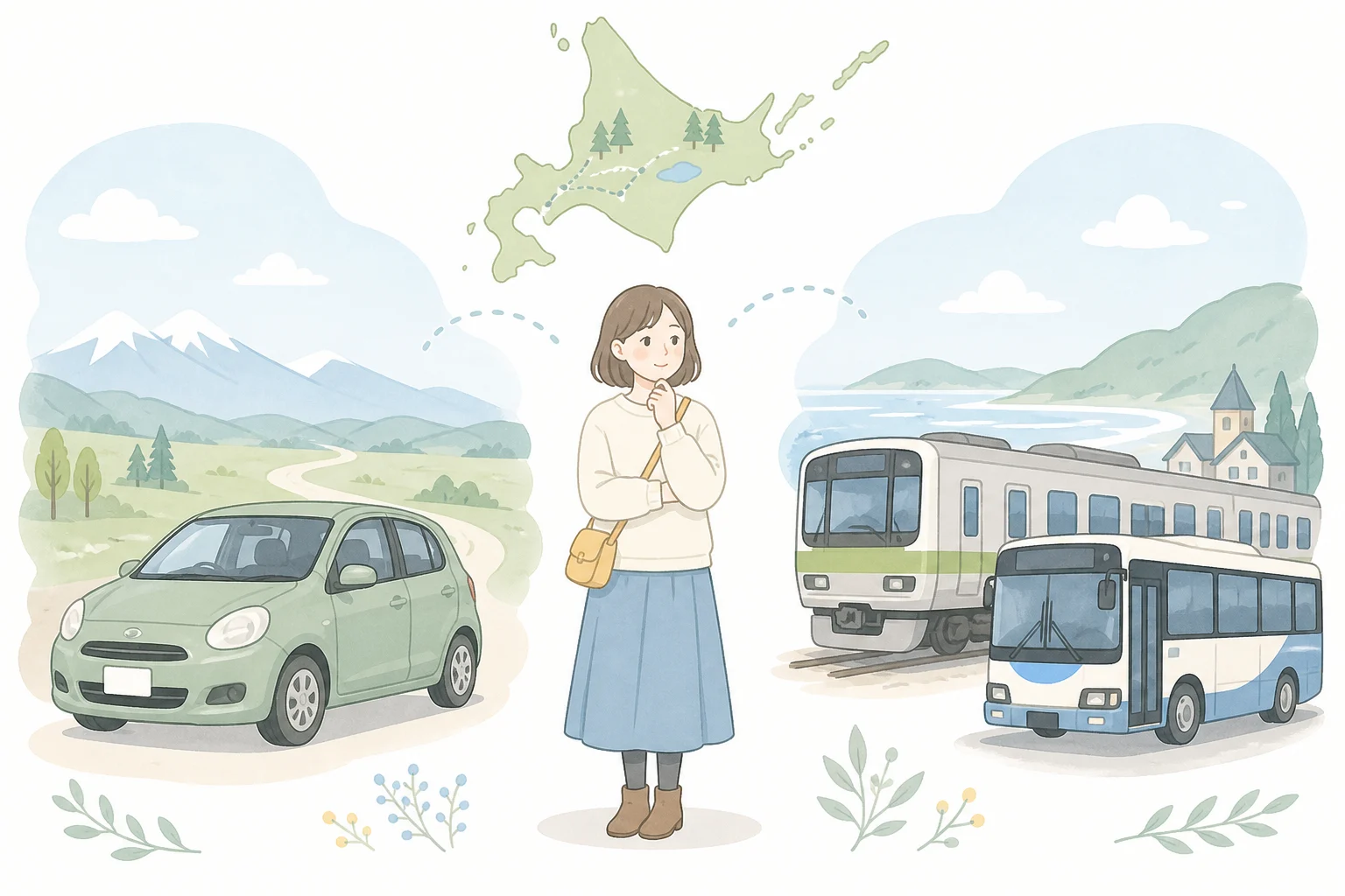 北海道でレンタカーと電車・バスのどちらを選ぶか迷う女性のやわらかなイラスト