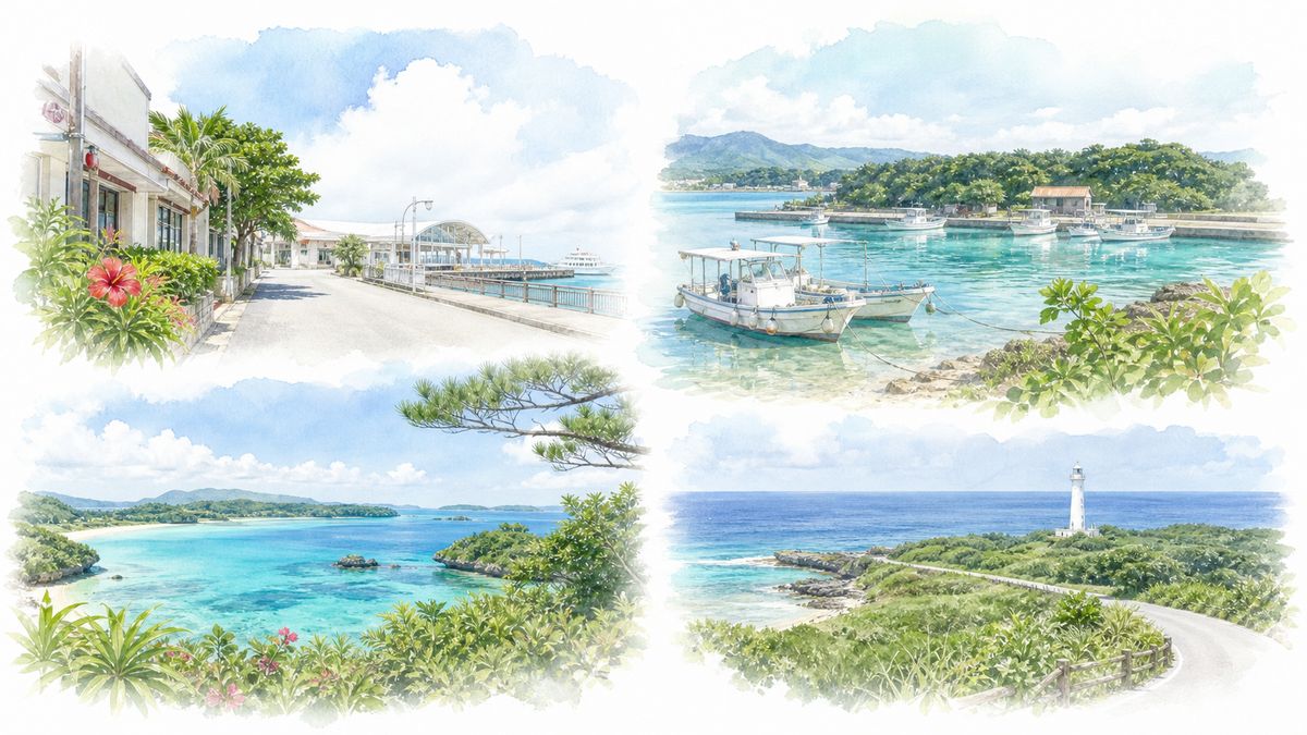 石垣市街地・川平湾・離島ターミナル・北部東海岸それぞれの魅力をやわらかく表現したイラスト