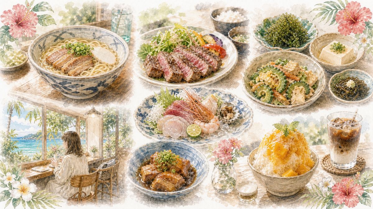 石垣島でひとりでも入りやすい八重山そばや石垣牛、島料理、南国カフェの魅力をやわらかく表現したイラスト