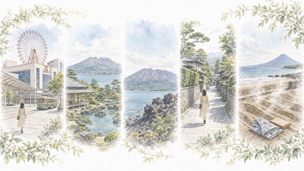 鹿児島中央駅・天文館・桜島・仙巌園・知覧・指宿温泉それぞれの魅力をやわらかく表現したイラスト