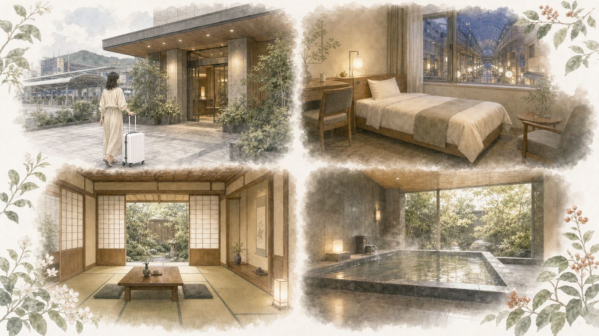 鹿児島でひとり旅向けの鹿児島中央駅周辺ホテル、天文館のシティホテル、指宿・霧島温泉宿の魅力をやわらかく表現したイラスト