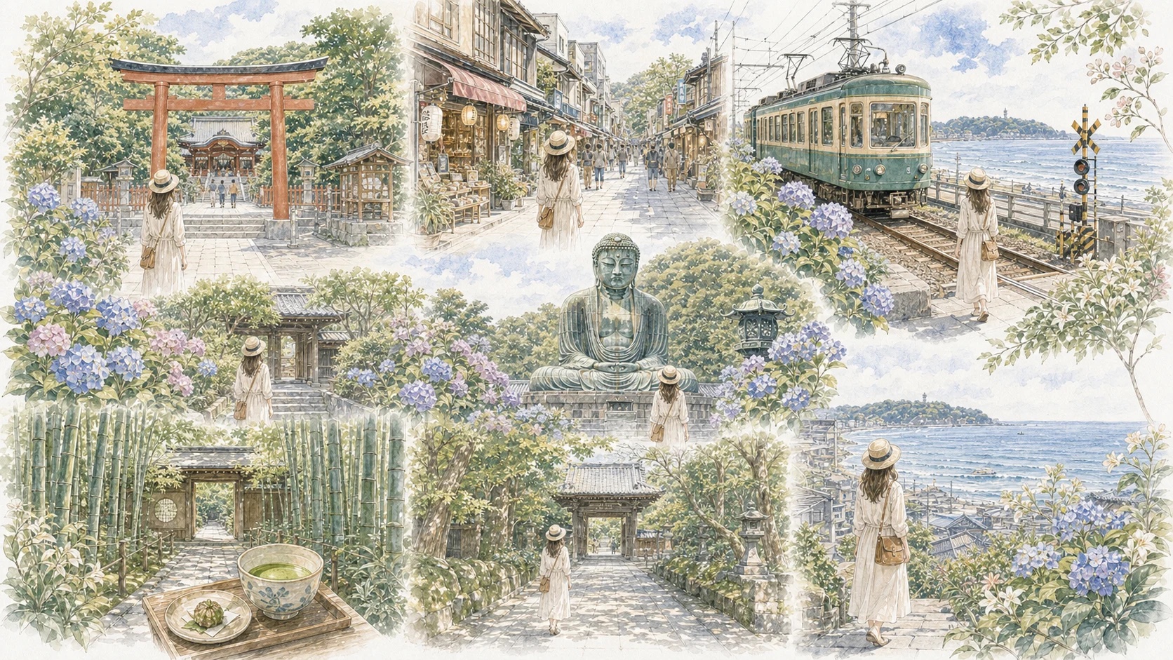 鎌倉の鶴岡八幡宮や小町通り、長谷の大仏、江ノ電沿線、北鎌倉や報国寺の竹林をやわらかく表現したイラスト