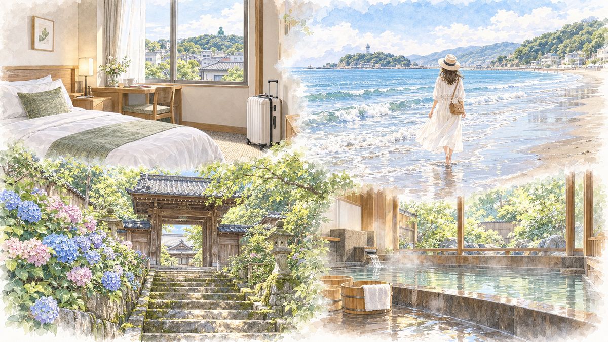 鎌倉駅近くのホテルの部屋、朝の由比ヶ浜、開門直後の北鎌倉の禅寺、宿の大浴場をやわらかく描いた宿選びのイラスト