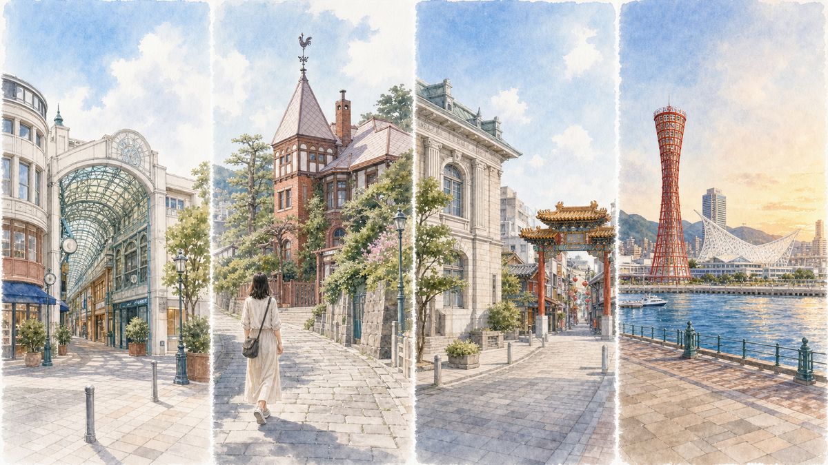 神戸の三宮・元町・北野異人館・旧居留地・ハーバーランドそれぞれの魅力をやわらかく表現したイラスト