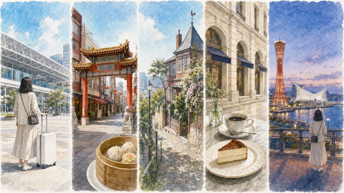 神戸の1泊2日と2泊3日のひとり旅モデルコースをやわらかく表現したイラスト