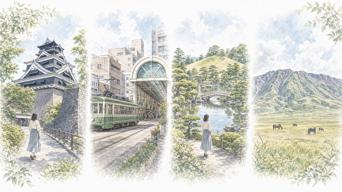 熊本の熊本城・中心市街地・水前寺・阿蘇それぞれの魅力をやわらかく表現したイラスト