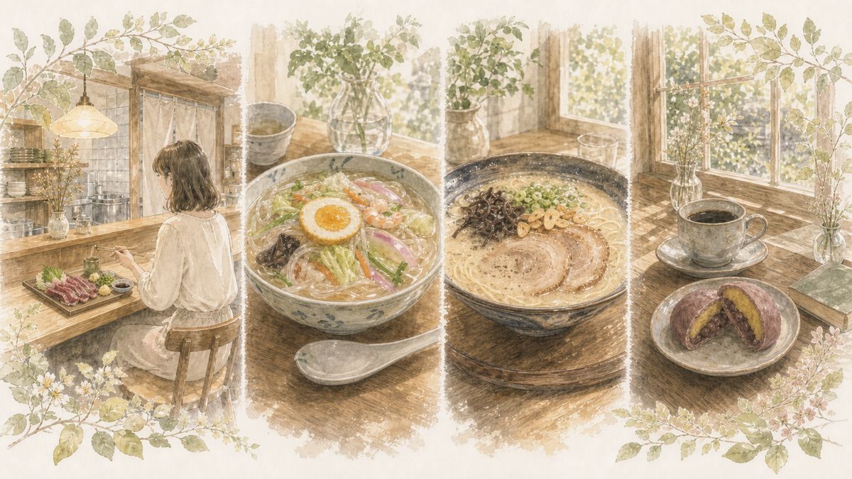 熊本の馬刺しや太平燕、熊本ラーメン、いきなり団子とカフェ時間をやわらかく表現したイラスト