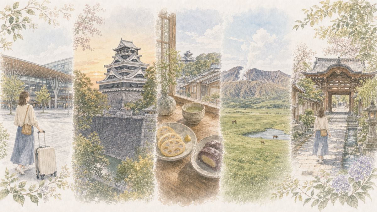 熊本の1泊2日のひとり旅モデルコースをやわらかく表現したイラスト