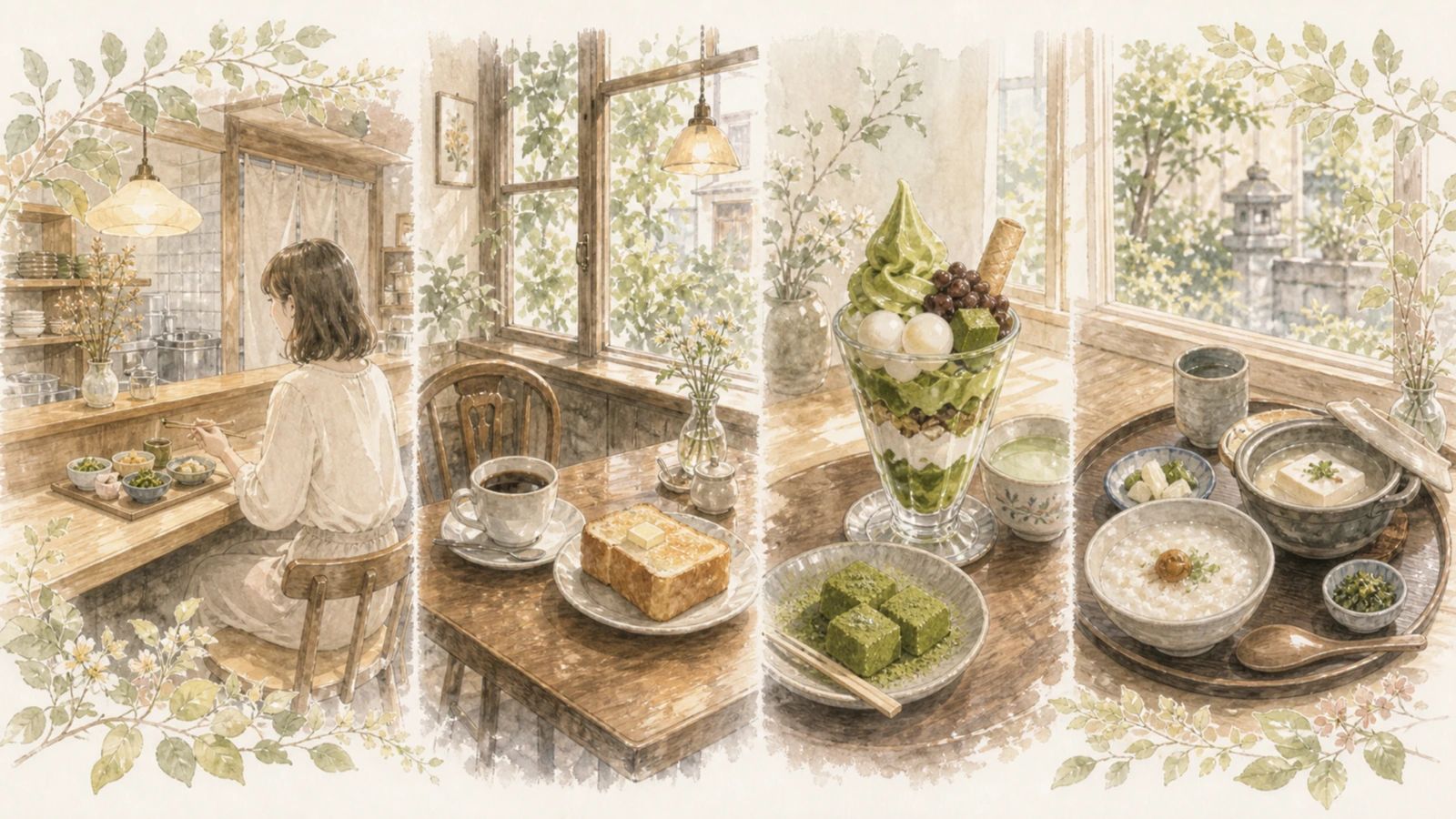 京都でひとりでも入りやすいおばんざい店や喫茶店、抹茶スイーツ、朝ごはんの魅力をやわらかく表現したイラスト