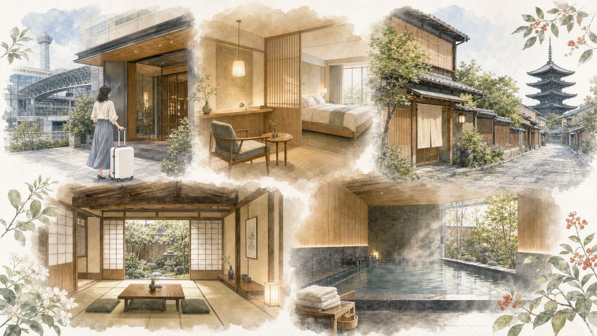 京都でひとり旅向けの京都駅周辺ホテル、四条烏丸の街なかの宿、祇園・東山の宿、京町家を改装した町家ホテル、大浴場つきビジネスホテルの魅力をやわらかく表現したイラスト