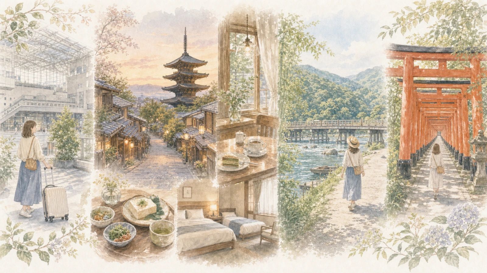 京都の1泊2日と2泊3日のひとり旅モデルコースをやわらかく表現したイラスト