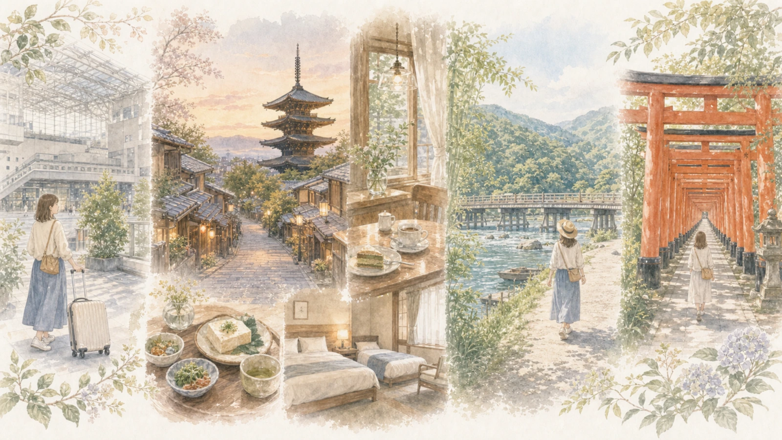 京都の1泊2日と2泊3日のひとり旅モデルコースをやわらかく表現したイラスト