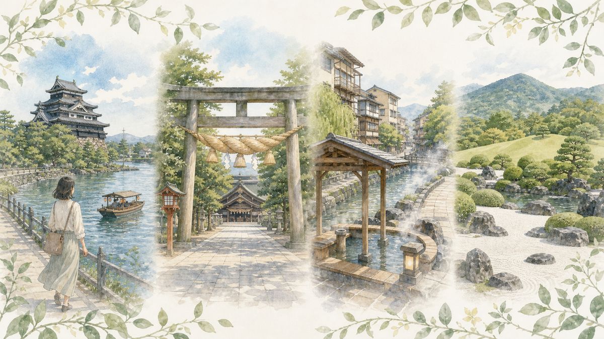 松江市街・宍道湖、出雲大社、玉造温泉、安来の足立美術館それぞれの魅力をやわらかく表現したイラスト