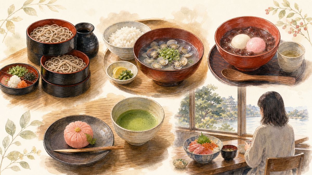 出雲そばの割子そば、宍道湖のしじみ料理、出雲ぜんざい、和菓子と抹茶、海鮮とカフェ時間をやわらかく表現したイラスト