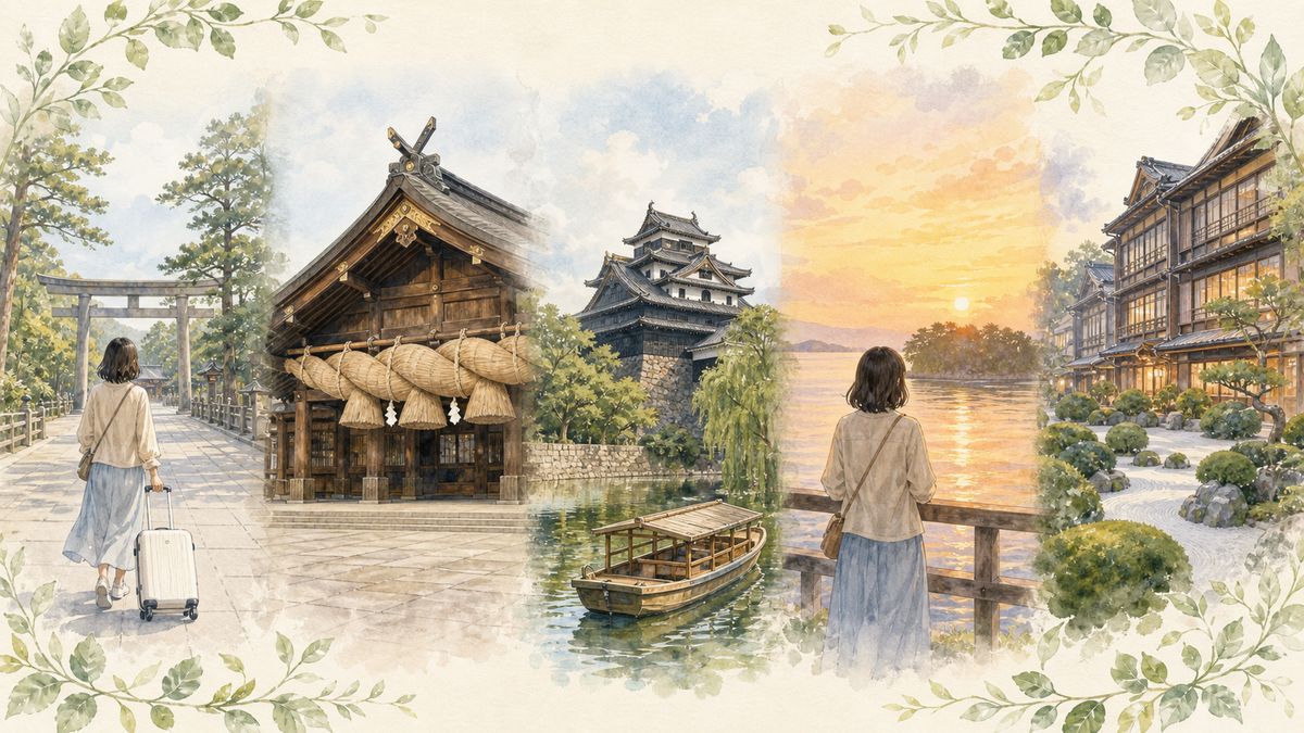 松江・出雲の1泊2日と2泊3日のひとり旅モデルコースをやわらかく表現したイラスト