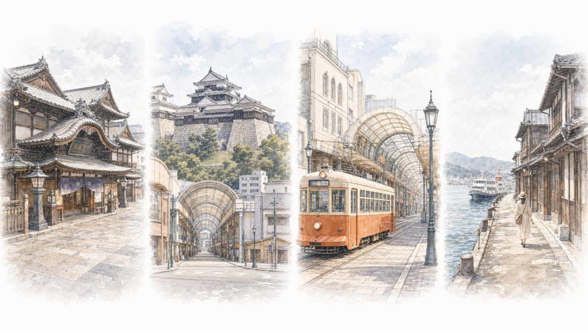 松山の道後温泉・松山城・大街道・三津浜それぞれの魅力をやわらかく表現したイラスト