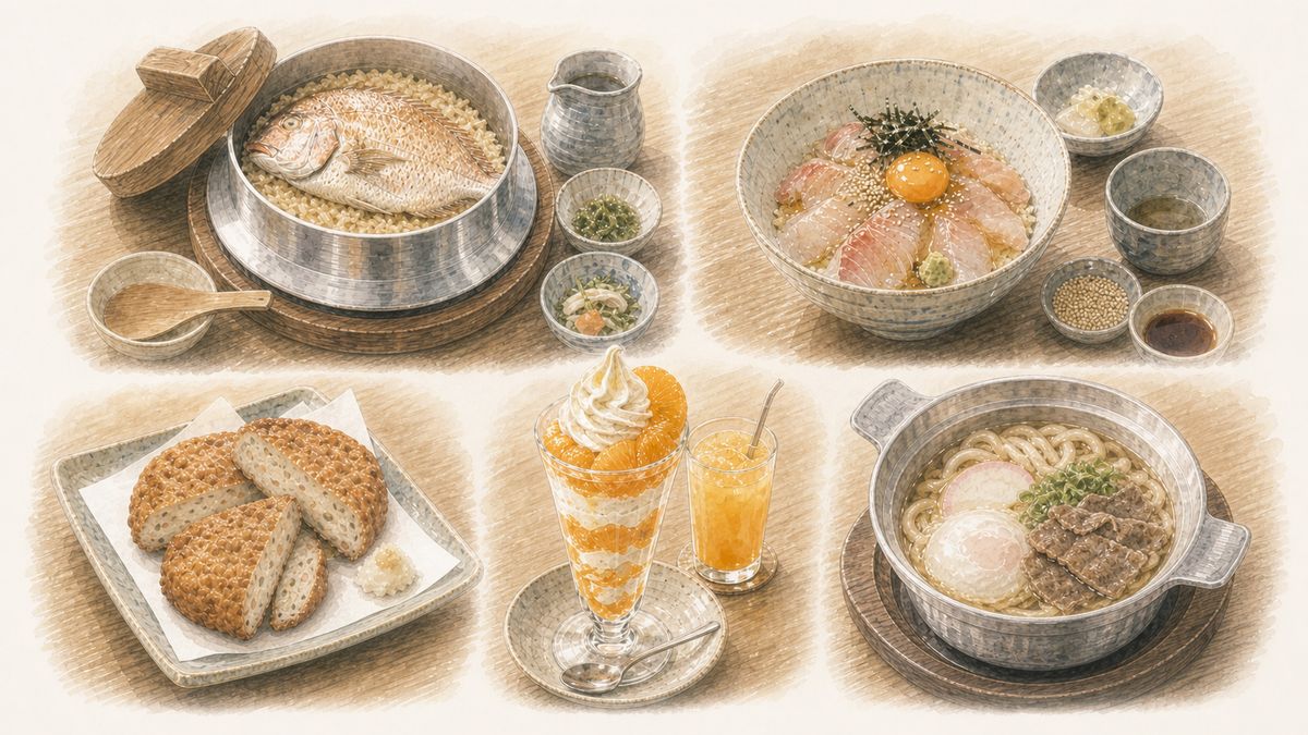 松山の鯛めしやじゃこ天、みかんスイーツ、鍋焼きうどんとカフェ時間をやわらかく表現したイラスト