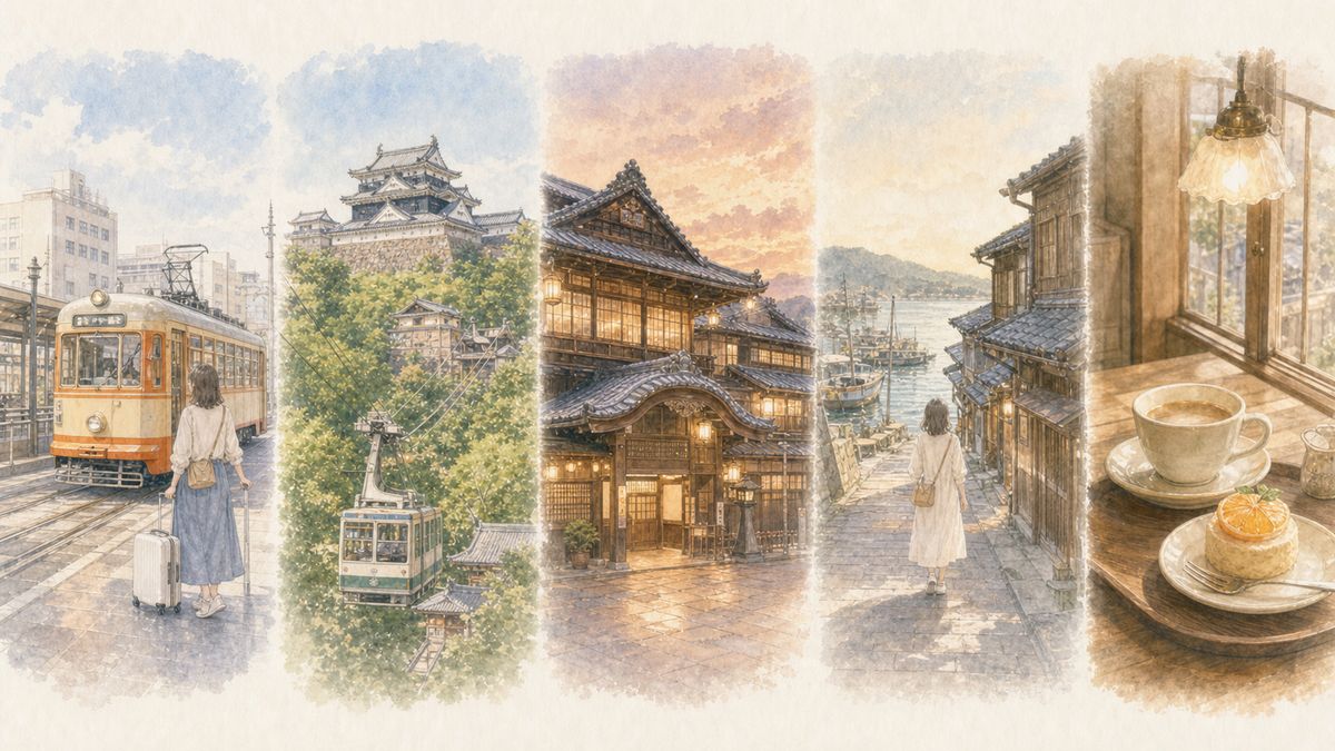 松山・道後温泉の1泊2日と2泊3日のひとり旅モデルコースをやわらかく表現したイラスト