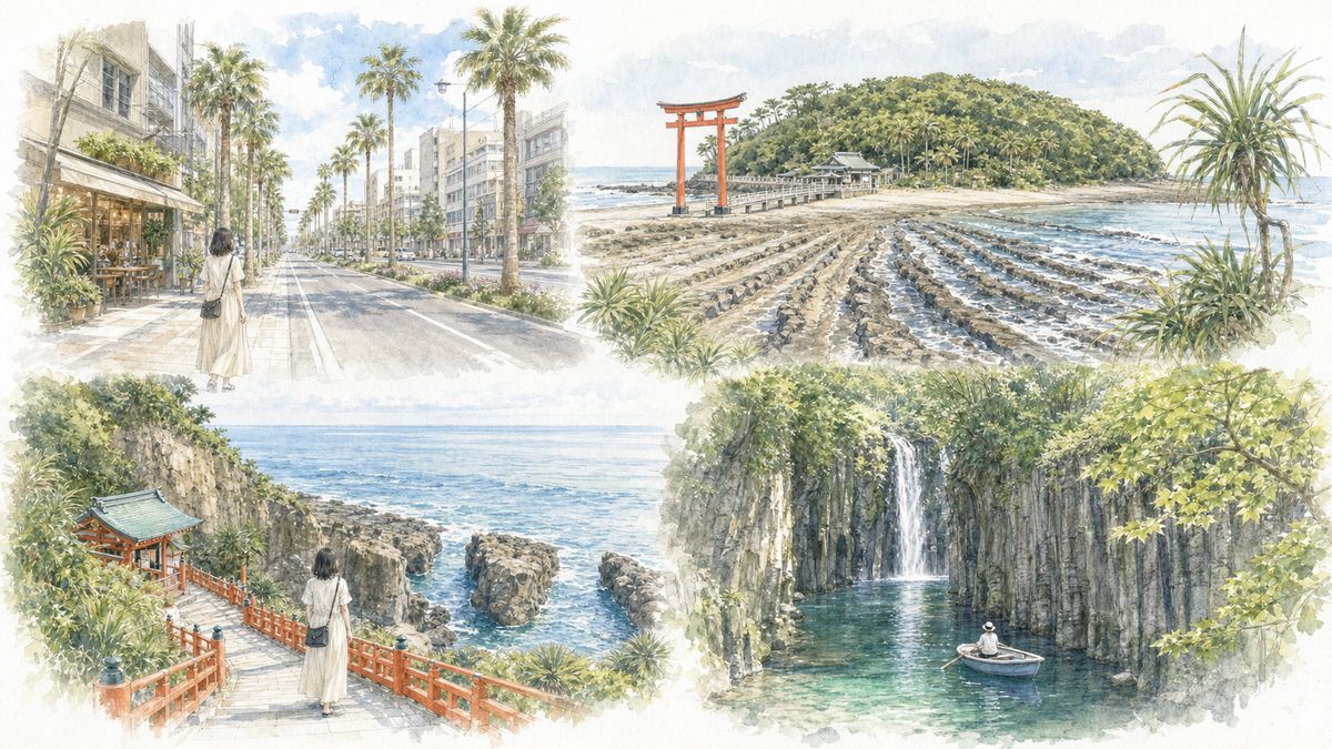宮崎の宮崎市中心部・青島・日南海岸・高千穂それぞれの魅力をやわらかく表現したイラスト