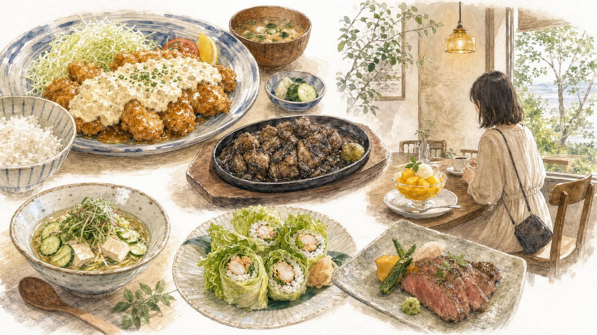 宮崎のチキン南蛮や地鶏の炭火焼き、冷や汁、レタス巻きとカフェ時間をやわらかく表現したイラスト