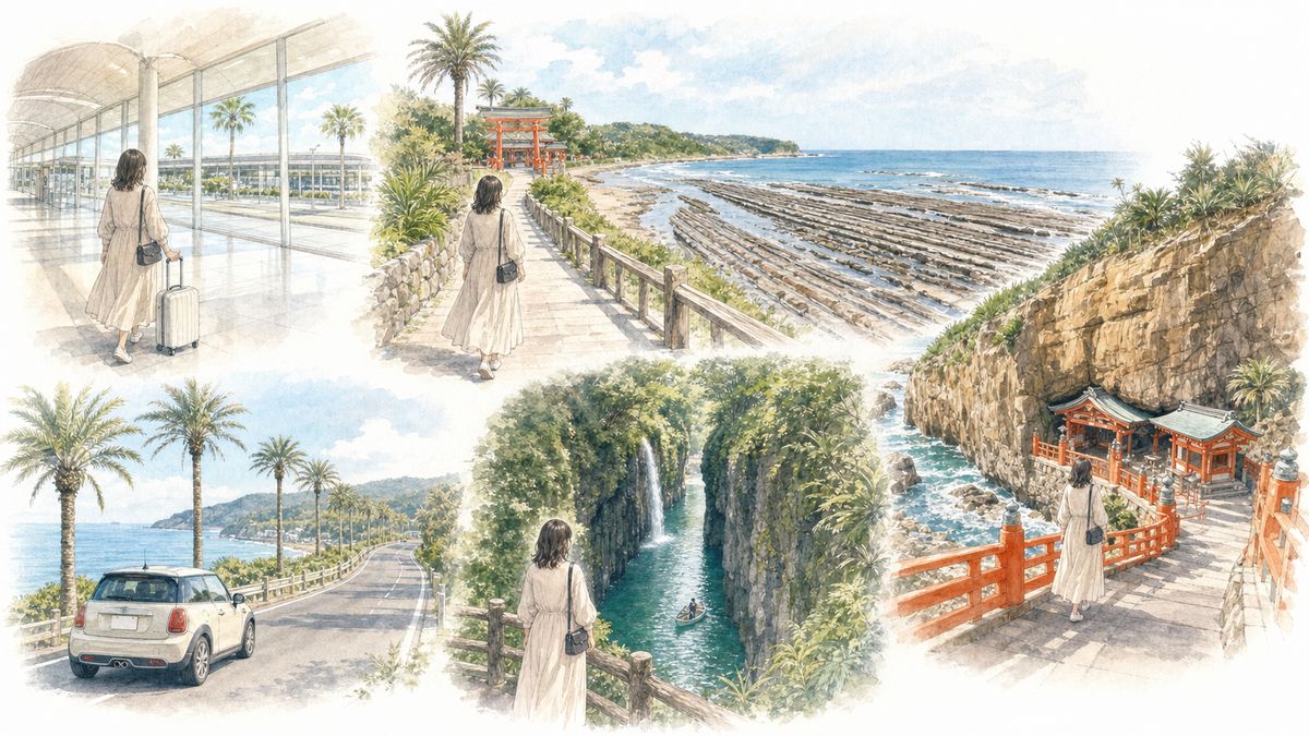 宮崎の1泊2日と2泊3日のひとり旅モデルコースをやわらかく表現したイラスト
