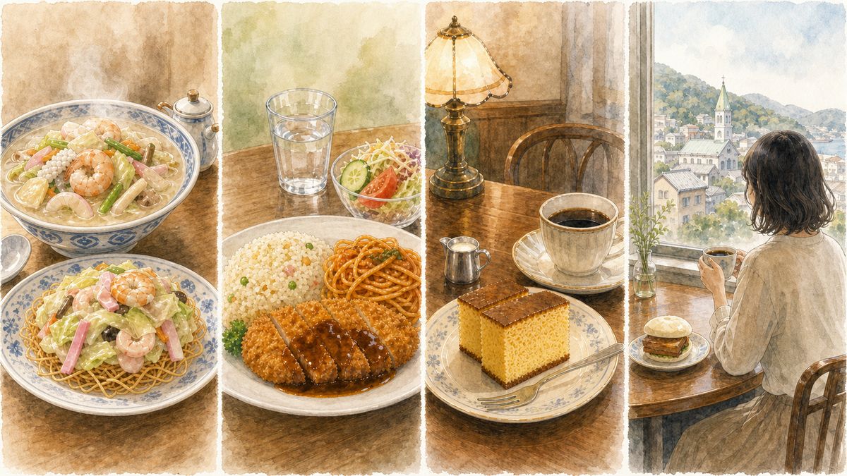 長崎のちゃんぽんや皿うどん、トルコライス、カステラとカフェ時間をやわらかく表現したイラスト
