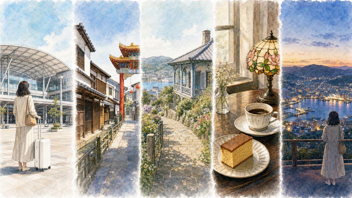 長崎の1泊2日と2泊3日のひとり旅モデルコースをやわらかく表現したイラスト