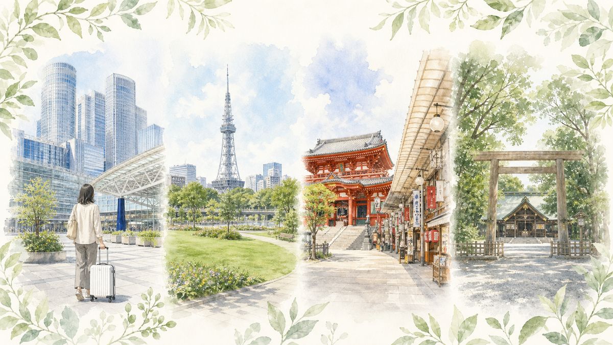 名古屋の名駅・栄・大須・熱田それぞれの魅力をやわらかく表現したイラスト