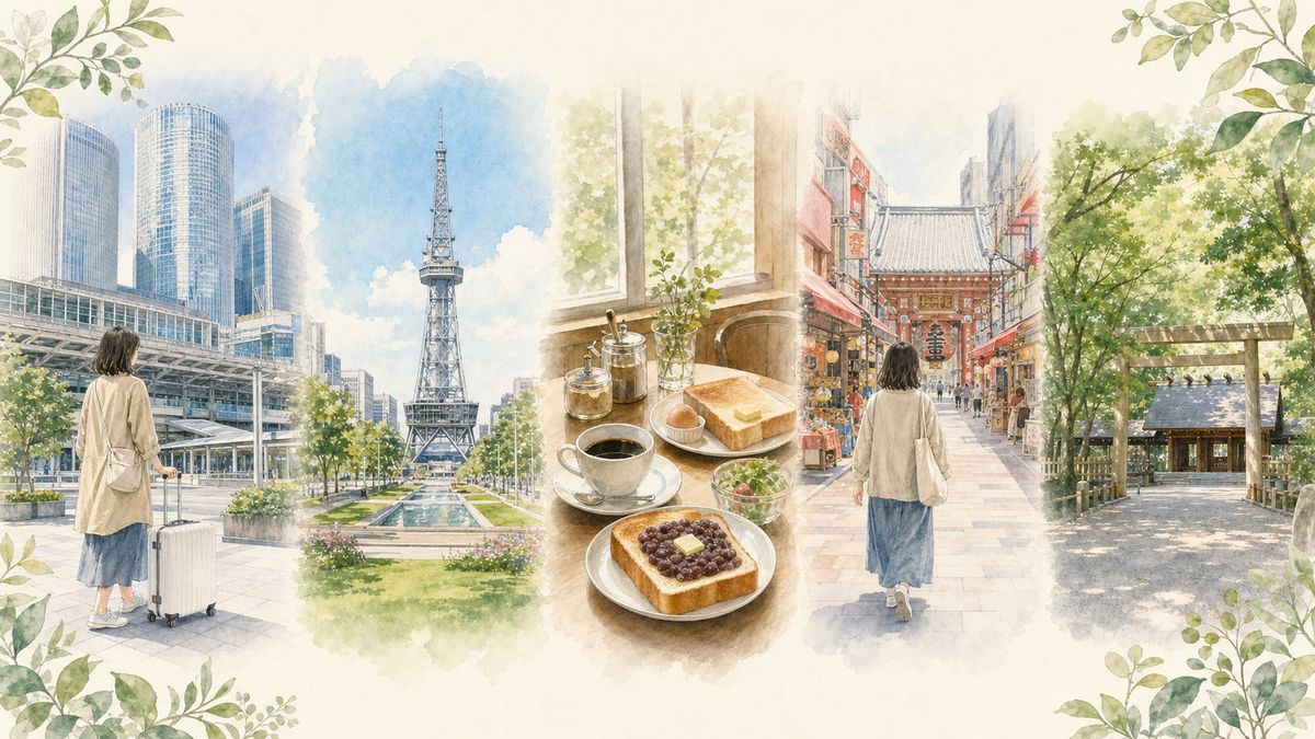 名古屋の1泊2日と2泊3日のひとり旅モデルコースをやわらかく表現したイラスト