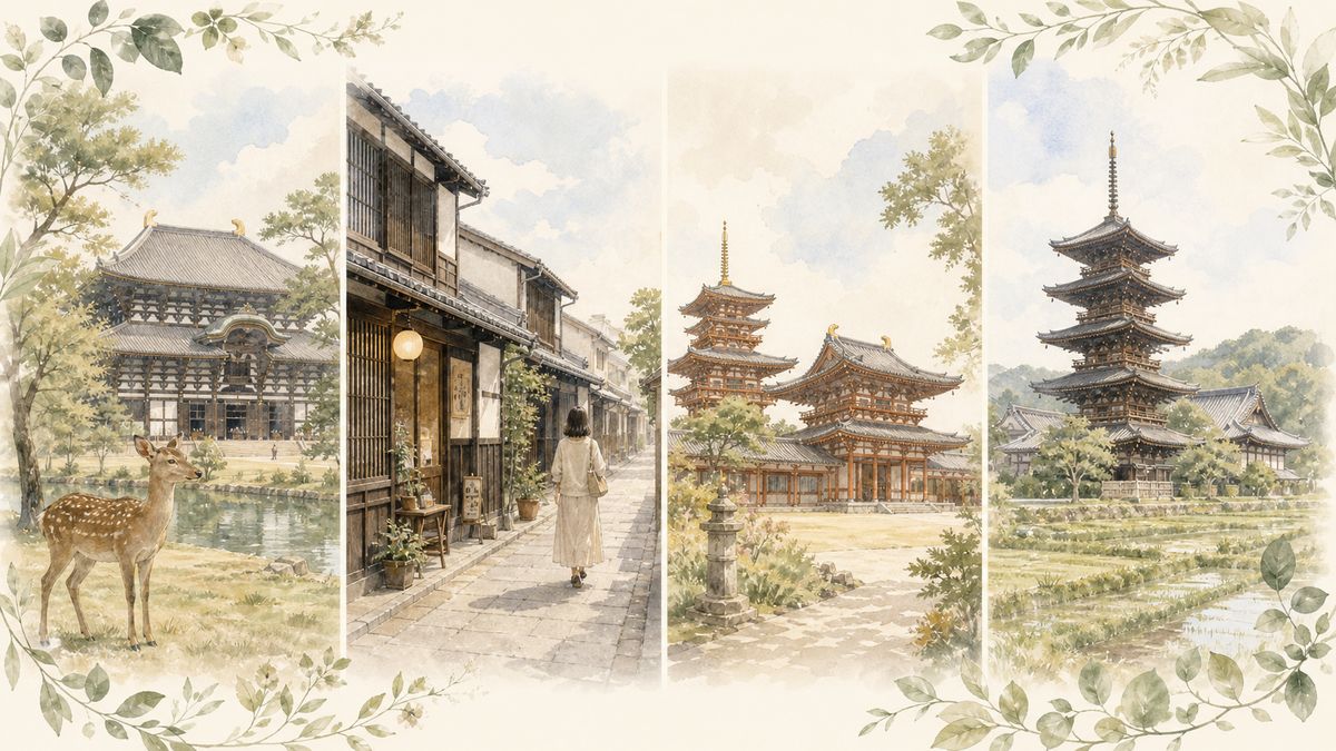 奈良の奈良公園・ならまち・西ノ京・斑鳩それぞれの魅力をやわらかく表現したイラスト