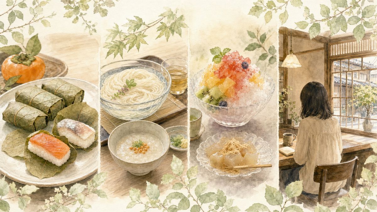 奈良の柿の葉寿司や三輪そうめん、かき氷、和スイーツとカフェ時間をやわらかく表現したイラスト