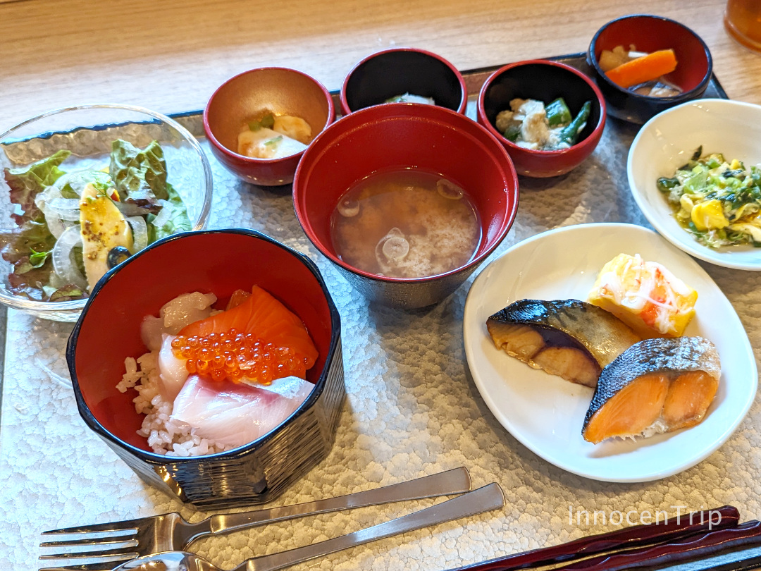 御宿野乃仙台の朝食ビュッフェで盛り付けたプレート一例