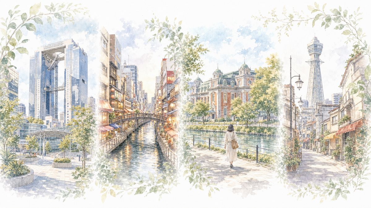 大阪の梅田・難波・中之島・天王寺それぞれの魅力をやわらかく表現したイラスト