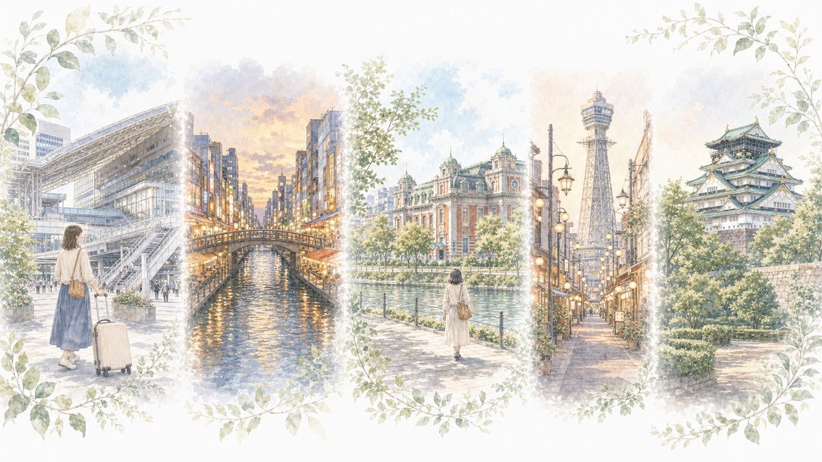 大阪の1泊2日と2泊3日のひとり旅モデルコースをやわらかく表現したイラスト