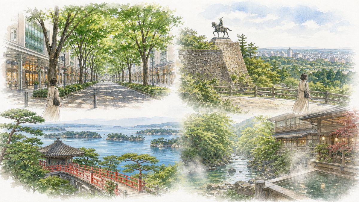 仙台中心部・青葉城・松島・秋保温泉それぞれの魅力をやわらかく表現したイラスト